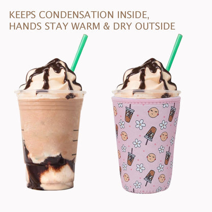 Reusable Insulated Neoprene Iced Coffee Cup Sleeve, Durable Drink Sleeve for Cold Beverages, Beverage Holder for Iced Coffee, Pink Coffee