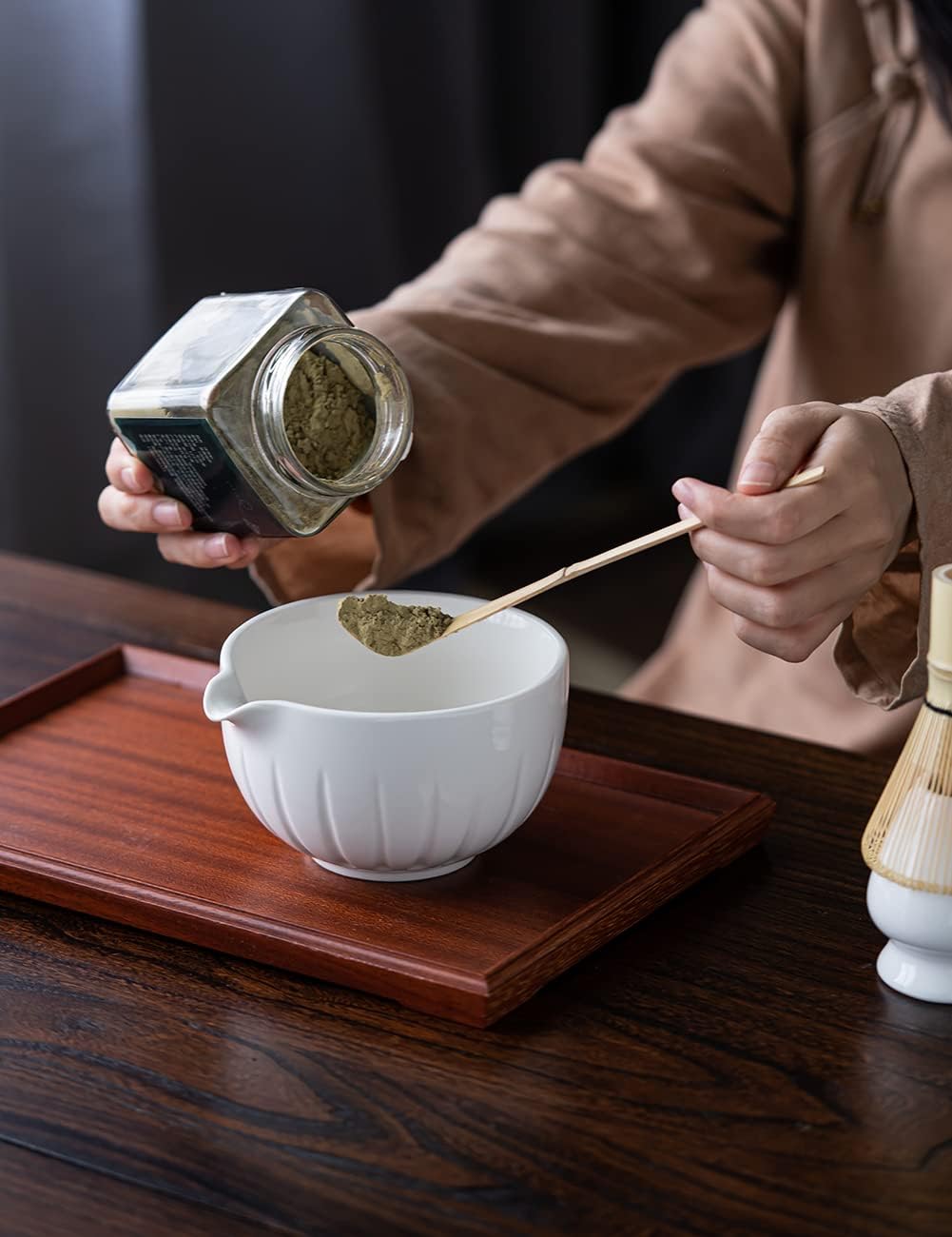 TANG PIN Matcha Set - Match Bowl and Whisk,15 OZ, Matcha Scoop | Matcha Whisk Stand (Chasen Holder) - 4pc Perfect Matcha Kit for Matcha Tea Ceremony (White)