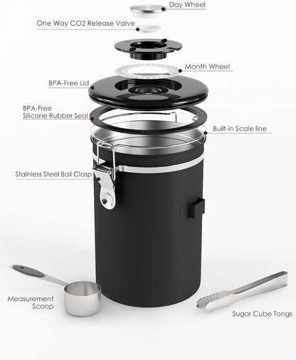 HAIOOU Airtight Coffee Canister, 22OZ +16OZ 2 Piece Stainless Steel Coffee Bean Storage Container with Date Tracker, Measuring Scoop, CO2 Releasing Valves, Mini Tongs for Coffee Bean, Grounds - Black