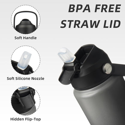 BJPKPK Water Bottle with Straw Lid, 24oz Vacuum Insulated Water Bottles, Metal Stainless Steel Thermos for Sports, Travel, BPA Free Leak Proof Thermos, Cups, Flasks, Tumblers,Black Grey