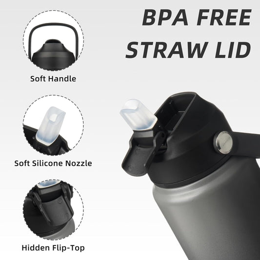 BJPKPK Water Bottle with Straw Lid, 24oz Vacuum Insulated Water Bottles, Metal Stainless Steel Thermos for Sports, Travel, BPA Free Leak Proof Thermos, Cups, Flasks, Tumblers,Black Grey