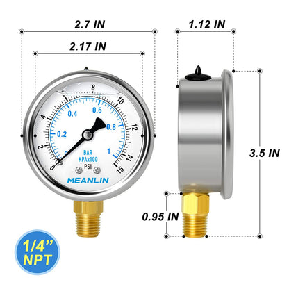 MEANLIN MEASURE 0~15Psi Stainless Steel 1/4" NPT 2.5" FACE DIAL Liquid Filled Pressure Gauge WOG Water Oil Air Lower Mount (Pack of 2), with 1/2" NPT and 3/8" NPT Hex Bushing