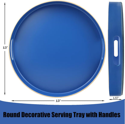 Royal Blue Round Decorative Tray with Handles, 13" Versatile Serving Tray for Coffee Table, Ottoman, Ideal for Serving, Displaying, Organizing