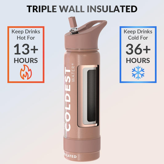 Coldest Insulated Water Bottle with Straw Lid - Stainless Steel Metal Insulated Bottle for Men & Women (Golden Rose Glitter, 24 oz)