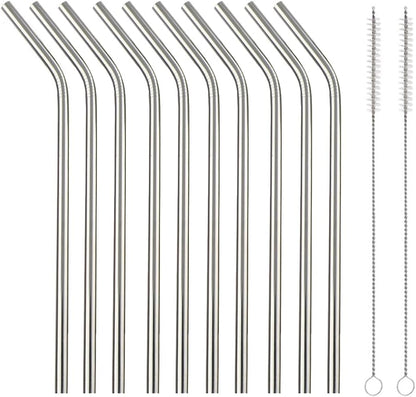10 Pcs Stainless Steel Straws, Reusable Drinking Straws, Bent Metal Straw Sets with 2 Pcs Cleaning Brushes (Silver, 10.5 Inch)