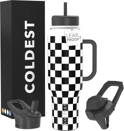 Coldest 40 oz Tumbler with Handle and Straw, 100% Leak Proof Insulated Tumbler with Lid and Straw (3 Lids), Stainless Steel Tumblers for Women & Men, Cup Holder Friendly, 46 oz (Black Checkers)
