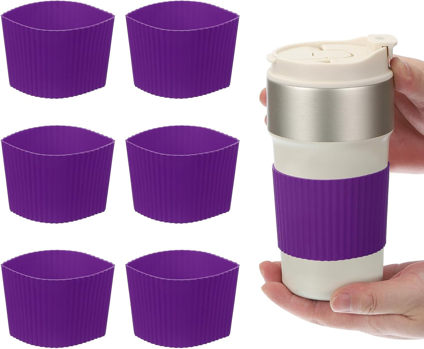 uxcell 6Pack Coffee Cup Sleeves, Reusable Silicone Heat Resistant Cup Protective Sleeve Nonslip Mug Protector Cover for Home Travel Coffee Mug Glasses Water Bottle Boots, Purple