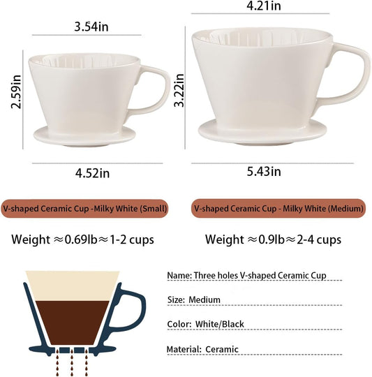 Pour Over Coffee Maker, Single Cup Coffee Dripper, Manual Porcelain Slow Brewing Accessories for Travel, Camping, Office, Home, Cafe, Coffee Gifts (White, Medium)