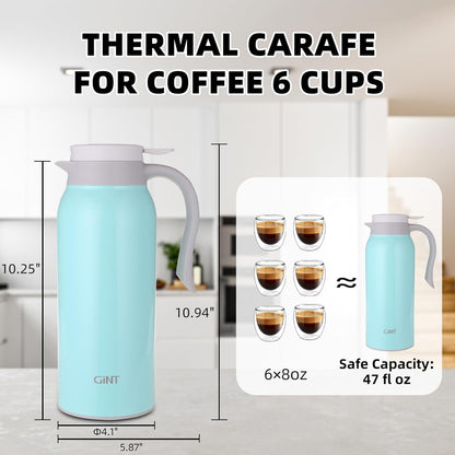 GiNT 51 Oz Stainless Steel Thermal Coffee Carafe, Double Walled Vacuum Insulated Flask, 12 Hour Heat Retention, 1.5 Liter Tea, Water, and Coffee Dispenser (Upgraded version Blue)