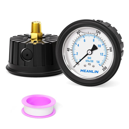 MEANLIN MEASURE 0~200Psi Stainless Steel Liquid Filled Pressure Gauge 1/4" NPT 2.5" FACE DIAL with Rubber Protective Sleeve, Center Back Mount