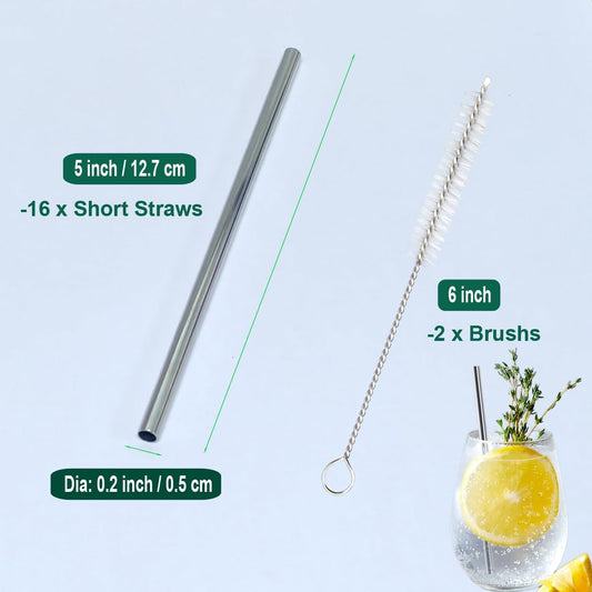 16 Pack 5 Inch Extra Short Metal Coffee Stir Straws, Reusable Stainless Steel Coffee Stirrer, Mini Bar Cocktail Straws with Cleaning Brush for Coffee Mugs, Small Glasses or Cups