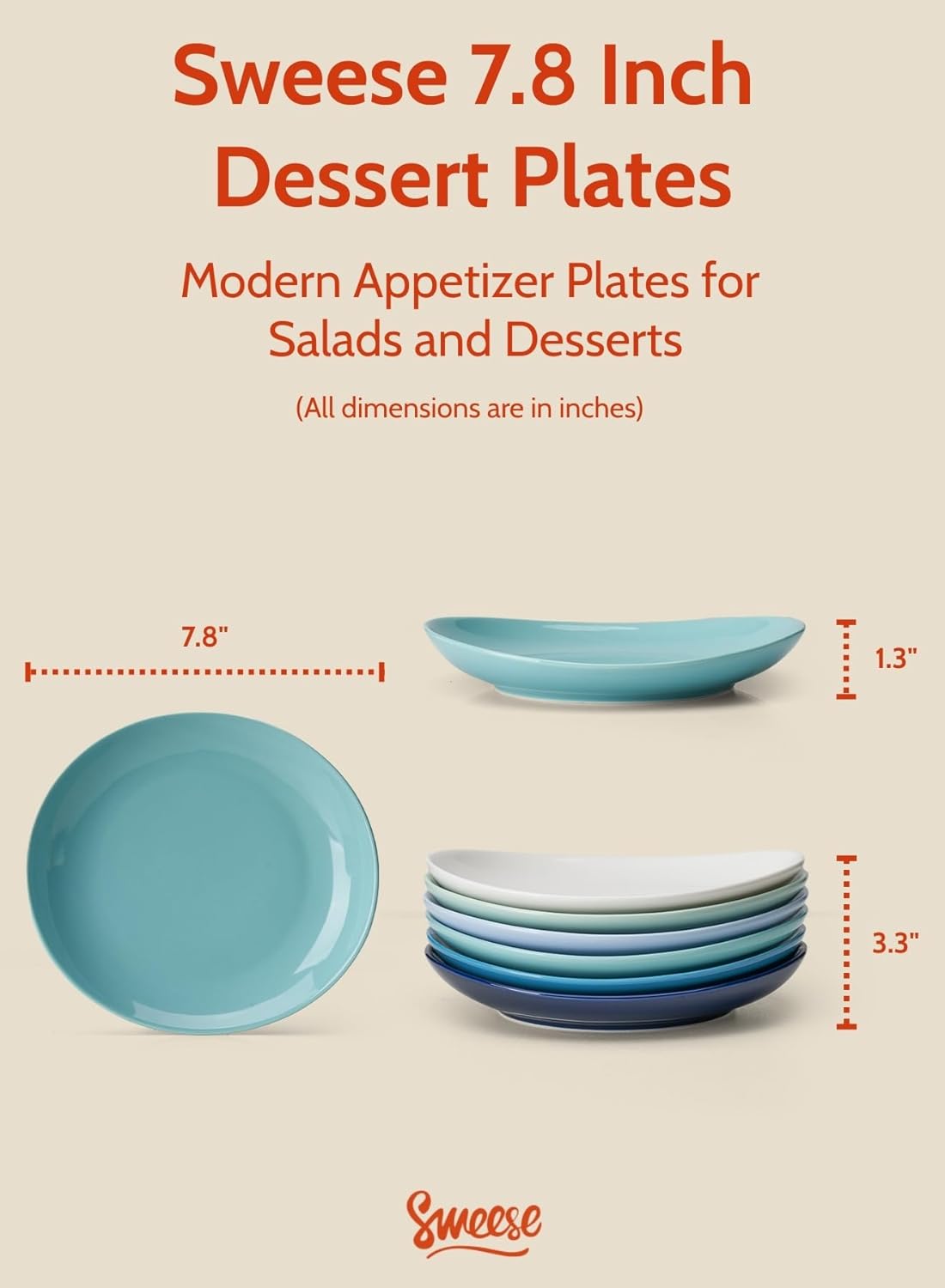 Sweese Porcelain Dessert Plates - 7.8 Inch Salad Plates, Small Appetizer Plates Set of 6 - Dishwasher, Microwave, Oven Safe - Azure Dreamscape Color