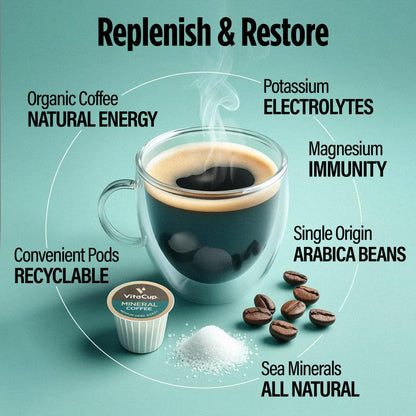 VitaCup Mineral Coffee Pods with Trace Minerals, Hydrate, Replenish & Restore, w/Sea Minerals, Electrolytes, Organic Coffee, Medium Dark Roast, Single Serve Pod Compatible w/Keurig K-Cup Brewers,16 Ct