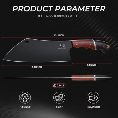 Meat Cleaver Knife 8inch - Black Butcher Knife for Meat Cutting, Japanese High Carbon Steel Vegetable Cleaver for Chopping, Kitchen Cooking Knife with Wooden Handle, Gift for Men