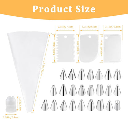 Stainless Steel Piping Tips Set with Reusable Piping Bags - Professional Icing Bags and Tips Set for Cake Decorating - Cupcakes, Cookies, Chocolate - Ultimate Cake Decorating Tips Kit (White)