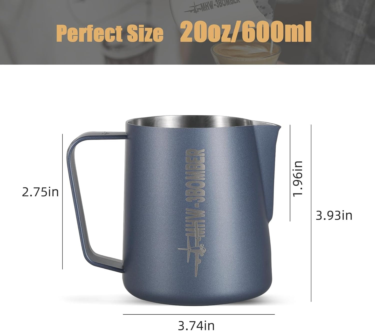 MHW-3BOMBER Milk Frothing Pitcher, 16oz/450ml Frother Cup for Barista, SUS304 Stainless Steel Espresso Steaming Pitcher for Coffee/Latte Art, P3026BL-OS