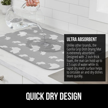 GORILLA GRIP Ultra Water Absorbent Microfiber Dish Drying Mat, Quick Dry Mesh, Slip Resistant Pad for Sink Dishes or Under Rack, Kitchen Counter Accessories, 16x18, Machine Wash, 2 Pack Elephants