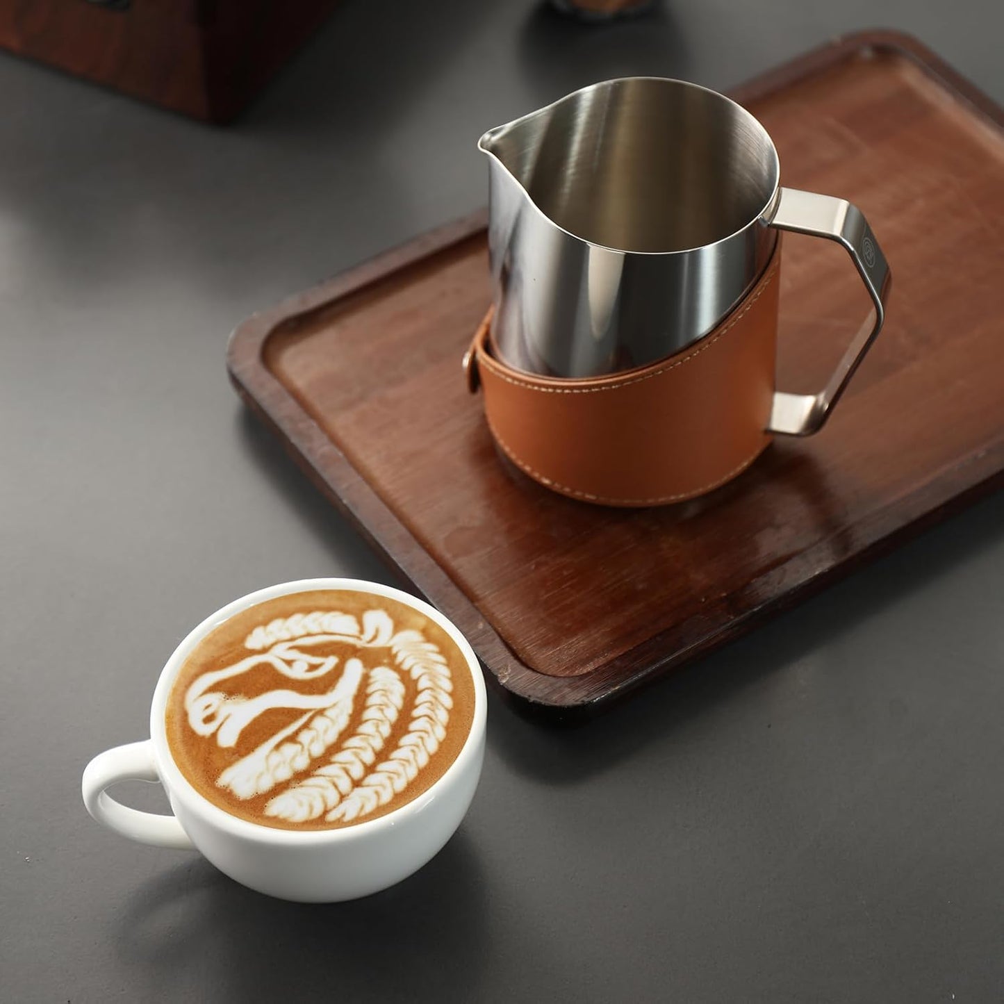 Milk Frothing Pitcher 450ml/16oz 304 Stainless Steel Espresso Steaming Pitcher with PU Leather, Milk Frothing Jug,milk frother cup,Milk Jug Cup,Premium Barista Tools,Latte Art (Black,16oz)