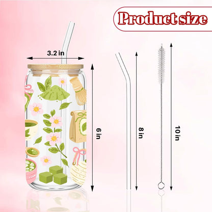 Matcha Girly Glass Cup, Matcha Lovers Gift, Kawaii Latte Girly Glass Tumbler, 16 oz Cafe Aesthetic Iced Coffee Cup with Lid Straw