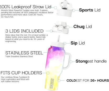 Coldest 40 oz Tumbler with Handle and Straw, 100% Leak Proof Insulated Tumbler with Lid and Straw (3 Lids), Stainless Steel Tumblers for Women & Men, Cup Holder Friendly, 46 oz (Clouds of Tie Dye)
