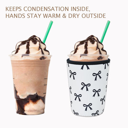 Reusable Insulated Neoprene Iced Coffee Cup Sleeve, Durable Drink Sleeve for Cold Beverages, Beverage Holder for Iced Coffee, Black Bow