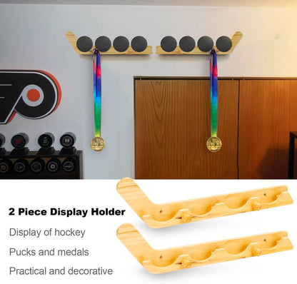 2 Pack Hockey Puck Display Cases for Father's Day Gifts, Wooden Wall Mount Holder with Hook - Hockey Puck Holder Living Room Stick Decor Accessory for Player Team Gift - burlywood