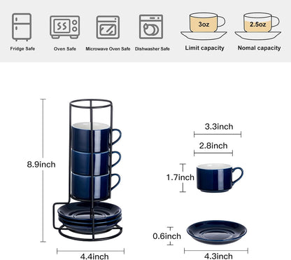 2.5oz Porcelain Stackable Espresso Cups with Saucers and Metal Stand Set of 4, Stackable Cappuccino Cups, Blue Expresso Shots Cup Set for Coffee Drinks, Latte, Tea