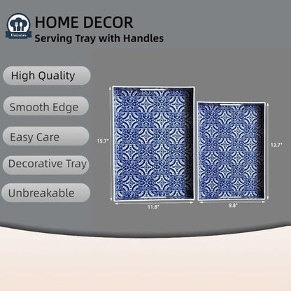 2 Pack Serving Tray with Handles, Rectangular Decorative Trays for Coffee Table, Modern Blue Plastic Ottoman Tray for Living Room, Bathroom, Kitchen, Decor, (Boho Blue)