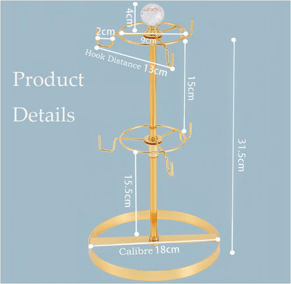 Coffee Mug Tree Holder for Counter,Double Tier Mug TeaCup Metal Holders Countertop,Golden Coffee Mug Tea Cup Stand Rack for Counter Top 6 Hooks(Gold,Crystal Ball)