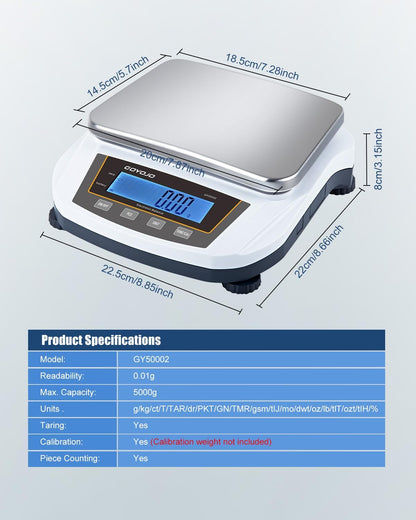 GOYOJO Digital Analytical Balance and Lab Scale, 5000g Capacity, 0.01g Precision, Stainless Steel, Multi-Unit (g/oz/ct/lb) for Jewelry, Kitchen, and Lab – Reliable, Accurate, Easy to Use, Black Panel