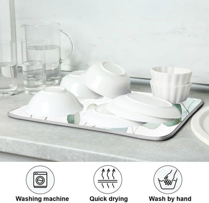 Sage Green Leaves Dish Drying Mat for Kitchen Counter Watercolor Branch Plant Drying Mat 18 x 24 Inch with High Absorbent Reversible Microfiber Dish Drying Pad Drainer Mat for Coffee Bar