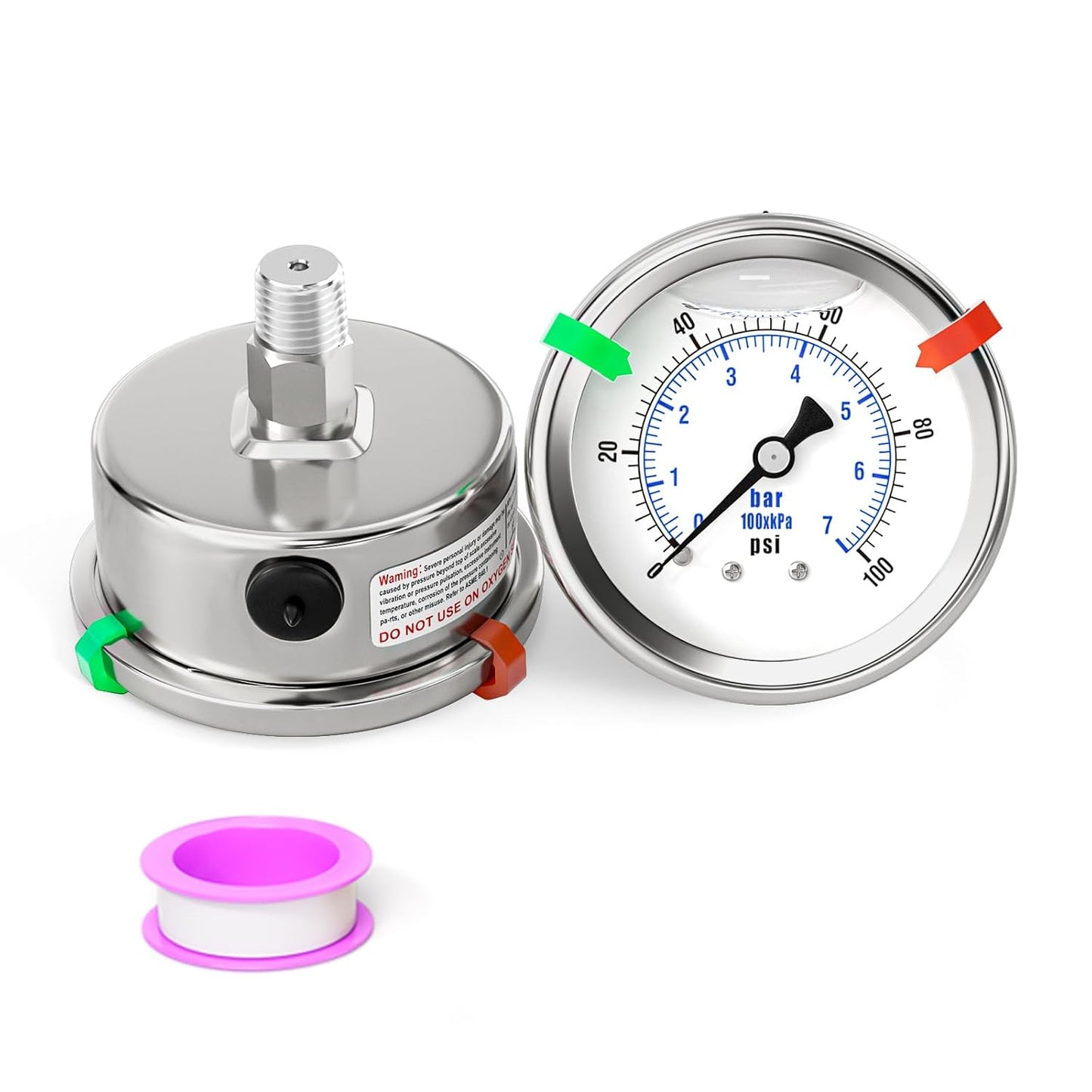 0-100PSI Stainless Steel Liquid Filled Pressure Gauge, 2.5" Dial Size, 1/4" NPT 316 Stainless Steel Joint, Back Mount, for Tube, Water Pump, Gas, Liquid (with Range Mark Pointer)