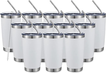 COMOOO 20oz White Tumbler Double Wall Vacuum Insulated Travel Mug Stainless Steel Coffee Mug with Lid and Straw Durable Powder Coated Insulated Coffee Cup for Cold & Hot Drinks (White,12 pack