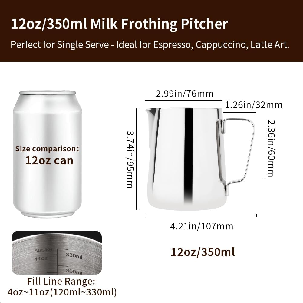 watchget Milk Frothing Pitcher 350ml/600ml/900ml/1500ml (12oz/20oz/32oz/52oz) - Stainless Steel Espresso Steaming Pitcher for Cappuccino, Latte Art, Milk Jug Coffee Frother Cup, Silver