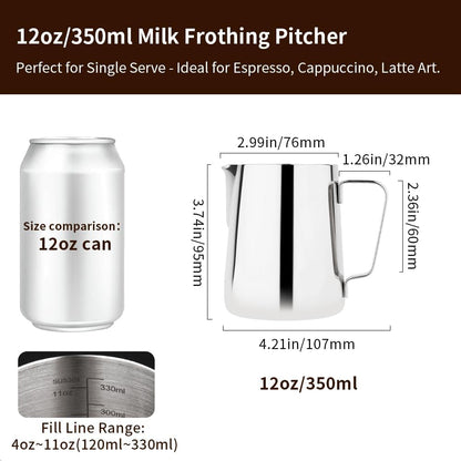 watchget Milk Frothing Pitcher 350ml/600ml/900ml/1500ml (12oz/20oz/32oz/52oz) - Stainless Steel Espresso Steaming Pitcher for Cappuccino, Latte Art, Milk Jug Coffee Frother Cup, Silver