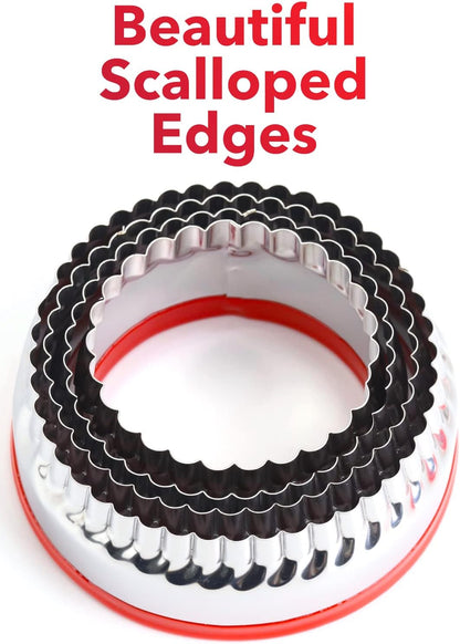 4-Pieces Fluted Round Cookie Cutters, Metal Circle Biscuit Cutters Set, Wave Cookies Cutter with Fluted Edge, Unique Design with Protective Red Top PVC