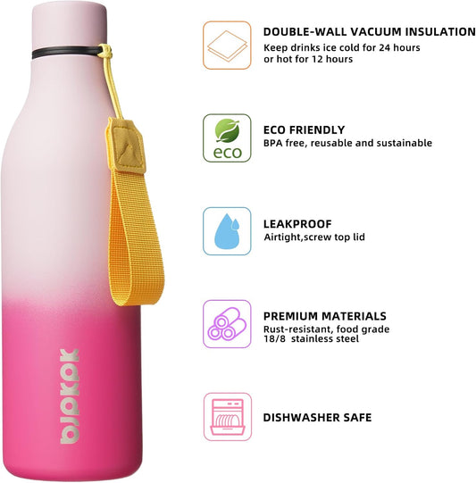 BJPKPK Insulated Water Bottles, 25 oz Stainless Steel Metal Water Bottle with Strap, BPA Free Leak Proof Thermos, Mugs, Flasks, Reusable Water Bottle for Sports & Travel, Cherry