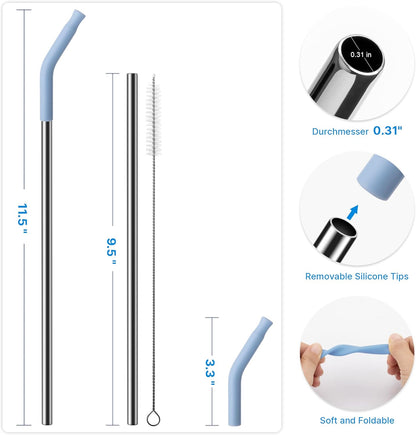 Metal Straw with Silicone Tip for 30oz Stanley Cup, 2 Pcs Stainless Steel Straws Replacement for Stanley 30 oz Adventure Quencher Travel Tumbler Cup, 1 Straw Brush (Light Blue)