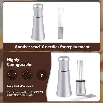 WDT tool, Espresso Distribution tools, 10 x 0.35mm 304 Stainless Steel Needles Installed with 10 Extra needles for Espresso Stirrer Replacement, Aluminum Alloy Handle with Stand (Matte Silver)