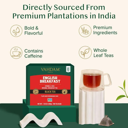 VAHDAM, English Breakfast Black Tea Bags (100 Count) High Caffeine | Strong, Robust & Flavoury | Pyramid Tea Bags | Full Bodied Black Tea Leaves