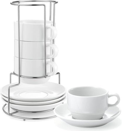 Yedio Porcelain 8 oz Coffee Cups with Saucers and Metal Stand, Porcelain Stackable Cappuccino Cups with Metal Stand, White, Set of 4