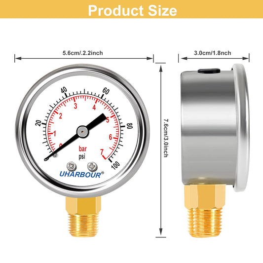 Lead-Free Pressure Gauge 1/4 NPT 0-100 Psi 2" Dial Stainless Steel Case, 1/4 NPT Lower Mount Pressure Gauge