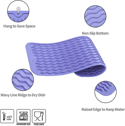 Silicone Dish Drying Mat for Multiple Usage,Easy clean,Eco-friendly,Heat-resistant Silicone Mat for Kitchen Counter,Sink,Bar,Bottle,or Cup Light Purple M 17 inches x 6 inches