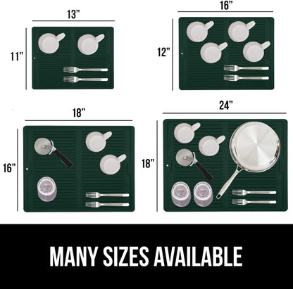 GORILLA GRIP 100% BPA-Free Silicone Dish Drying Mat for Kitchen Counter, Quick Dry, Water Catching Ribbed Design, Easy Clean Waterproof Sink Liner, Heat Resistant, Fits Under Rack, 16x12, Hunter Green
