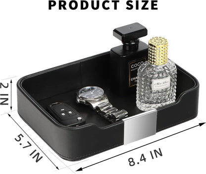 SANZIE Luxury Leather Tray Desktop Storage Catchall Organizer Decorative Tray for Entryway Table to Hold Jewelry Watch Keys Phone Wallet (Metal Silvered, Black)