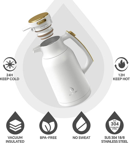 IDEUS Thermal Coffee Carafe 68oz (2,000ml), Stainless Steel Double Wall Insulated Vacuum Flask, Water Jug Coffee Server and Beverage Dispenser, Heat and Cold Retention (White-Gold, 68oz (2,000ml))