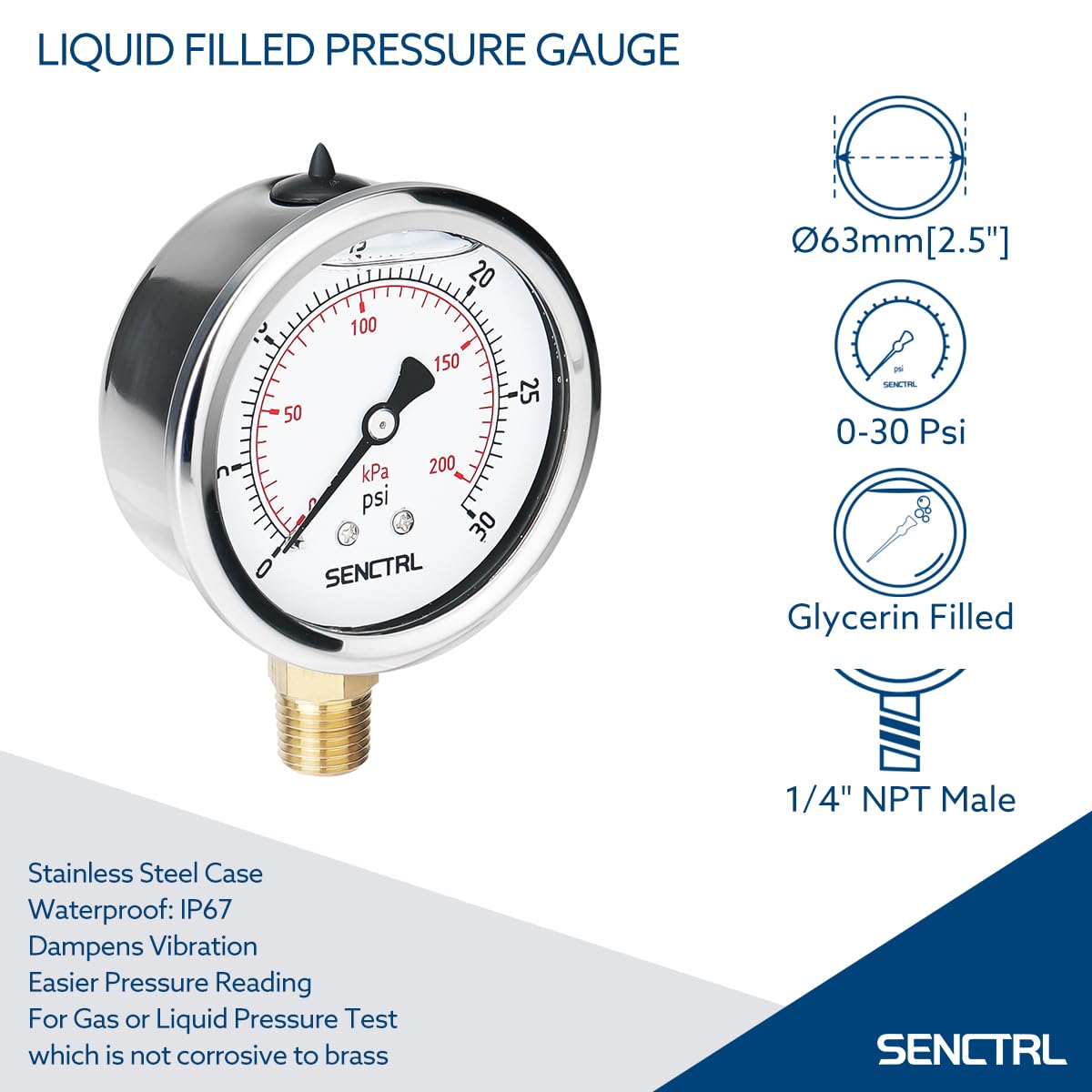 SENCTRL 0-30 PSI Glycerin Liquid Filled Low Pressure Gauge, 2.5" Dial Size, 1/4 NPT, Stainless Steel Case, Lower Mount, for Water Oil Air Pressure Test