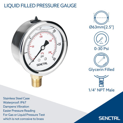 SENCTRL 0-30 PSI Glycerin Liquid Filled Low Pressure Gauge, 2.5" Dial Size, 1/4 NPT, Stainless Steel Case, Lower Mount, for Water Oil Air Pressure Test