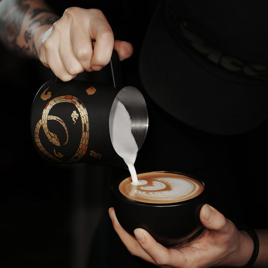 MHW-3BOMBER Espresso Steaming Pitcher Milk Frothing Pitcher Stainless Steel Milk Coffee Cappuccino Latte Art Barista Cup (5.0 Black(printing), 16.9 Ounces) P5159S-OS