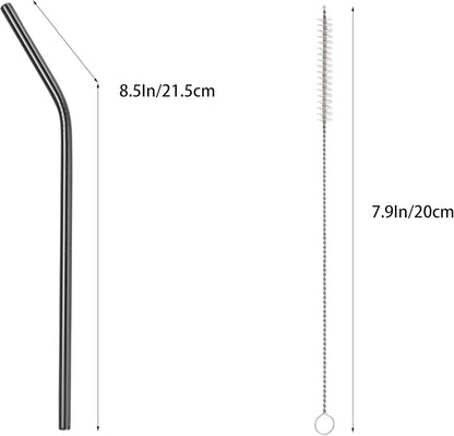 10 Pcs Stainless Steel Straws, Reusable Drinking Straws, Bent Metal Straw Sets with 2 Pcs Cleaning Brushes (Black, 8.5 Inch)